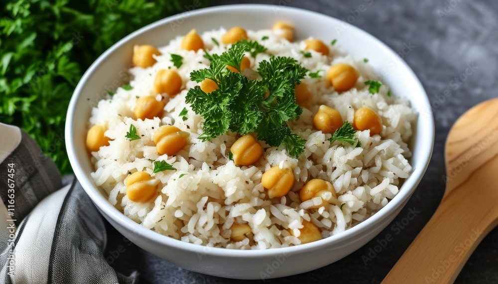 Delicious Firik Pilaf with Chickpeas and Fresh Parsley in a White Bowl on a Gray Background