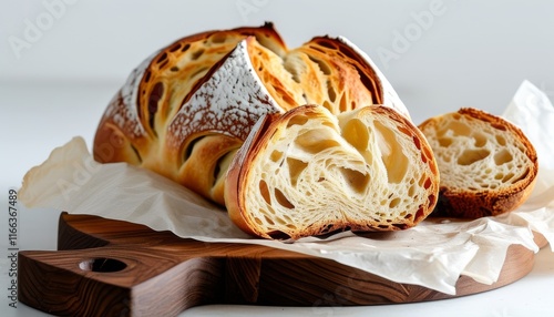 Freshly Baked Fougasse Bread with Herbed Swirls on Wooden Board with Slice Revealing Texture photo