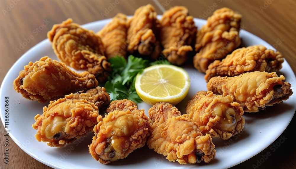 Crisp Fried Chicken Wings Served with Lemon and Fresh Greens on White Plate Crisp Fried Chicken Wings Served with Lemon and Fresh Greens on White Plate