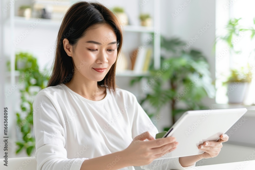 A young woman smiles while using a tablet in a bright, modern space filled with plants. A young woman smiles while using a tablet in a bright, modern space filled with plants.