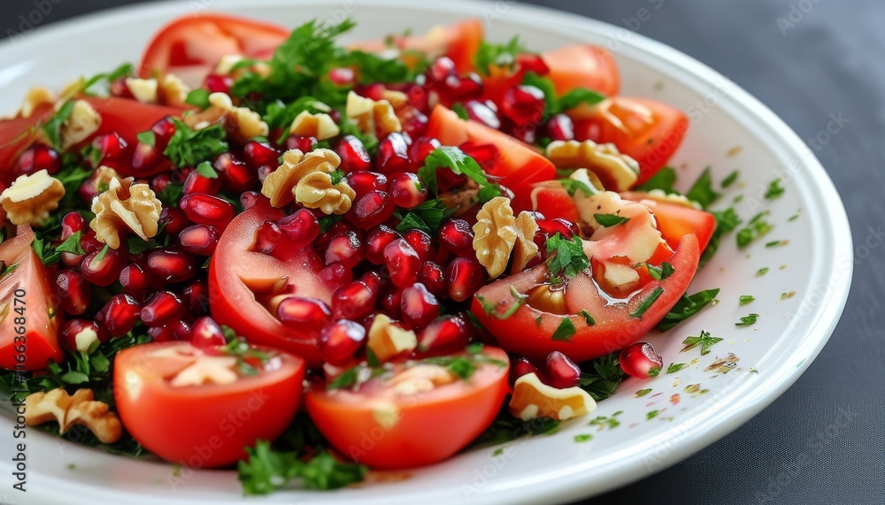 Fresh Chopped Tomato Salad with Pomegranate and Walnuts on White Plate Fresh Chopped Tomato Salad with Pomegranate and Walnuts on White Plate