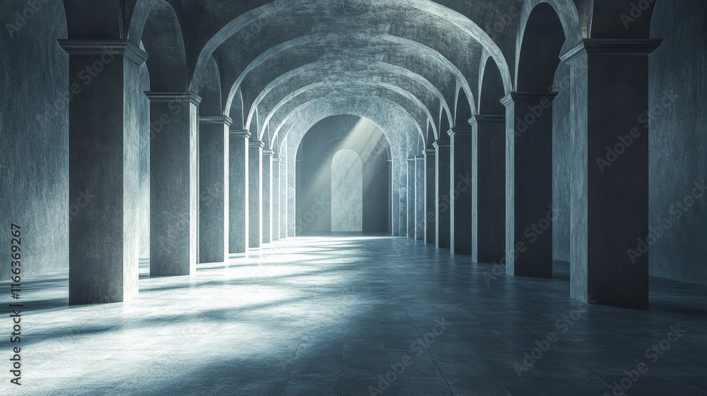 Obraz premium Sunbeams illuminate a long, arched hallway with stone columns and a concrete floor.