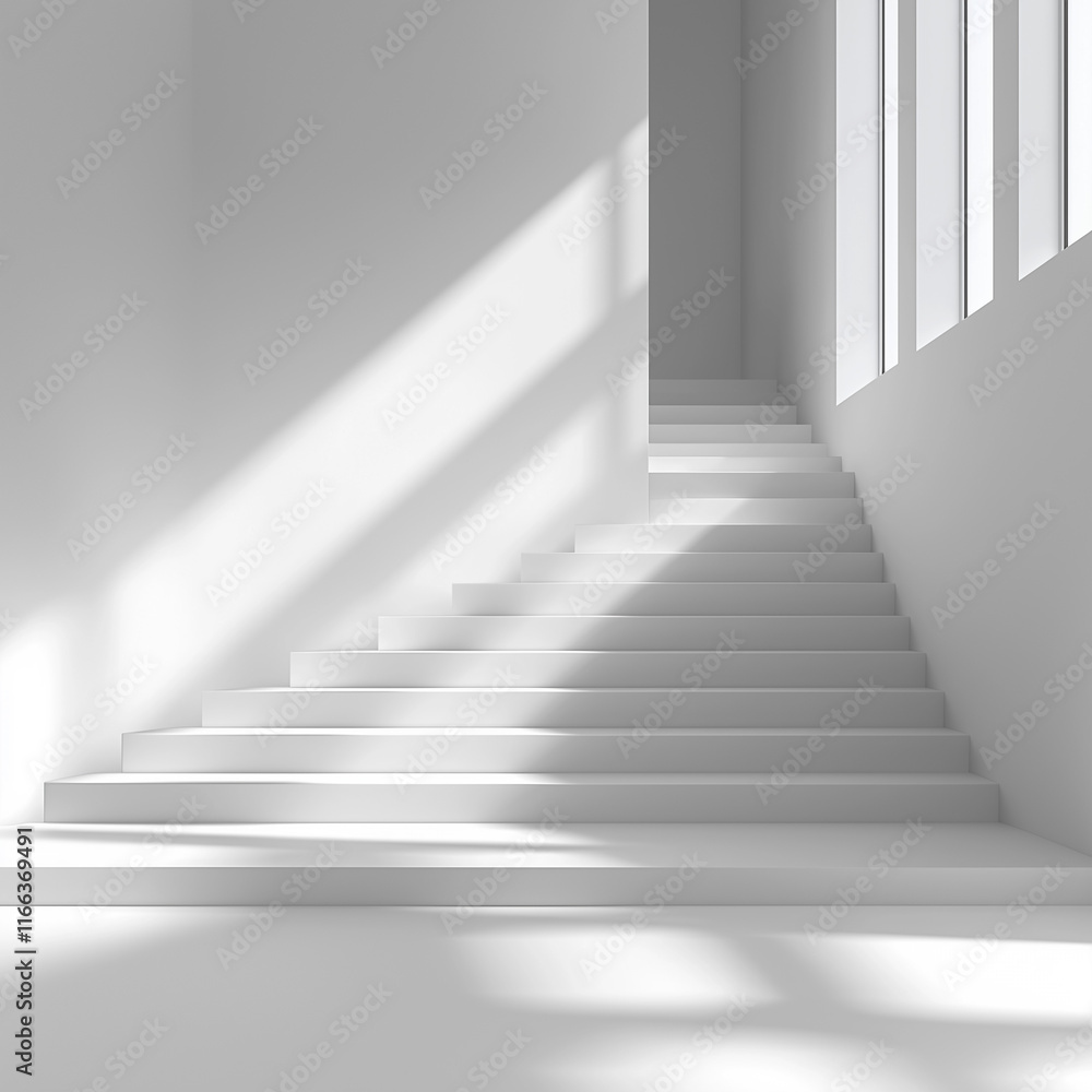 White Staircase Light, Minimalist white staircase with natural light and shadows. Modern and architectural. White Staircase Light, Minimalist white staircase with natural light and shadows. Modern and architectural.