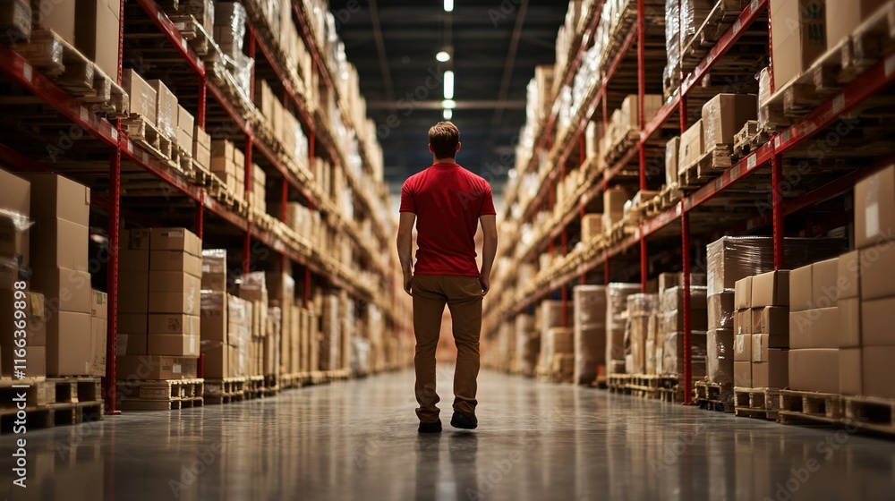 Warehouse worker skillfully managing cutting-edge machinery in a bustling industrial environment, showcasing efficiency and precision in operations