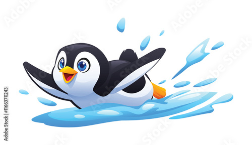 Playful penguin splashing through snow with excitement. Vector cartoon character illustration