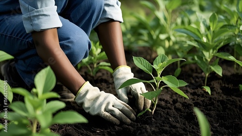 Black woman, hands or planting in soil agriculture, sustainability care or future growth planning in climate change support