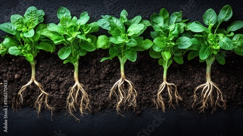 Fresh spinach plants with visible roots in soil. photo