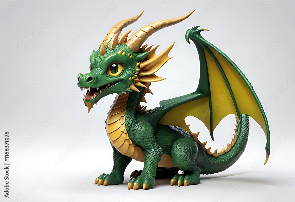 Fototapeta premium Cute Cartoon Dragon in Green and Gold with White Background. Generative AI