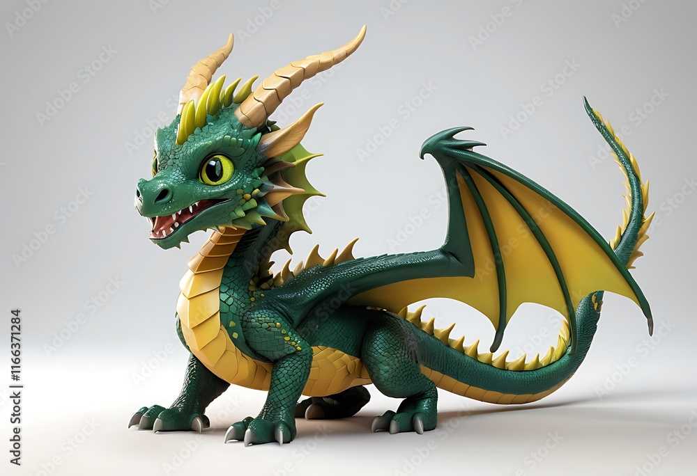 Cute Cartoon Dragon in Green and Gold with White Background. Generative AI Cute Cartoon Dragon in Green and Gold with White Background. Generative AI