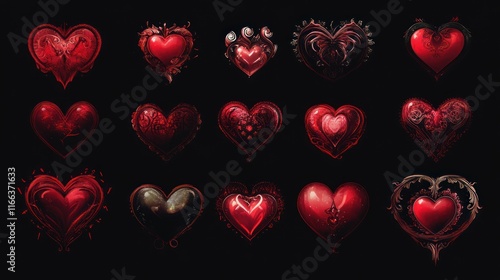 Collection of 16 ornate, red and dark hearts on black background.