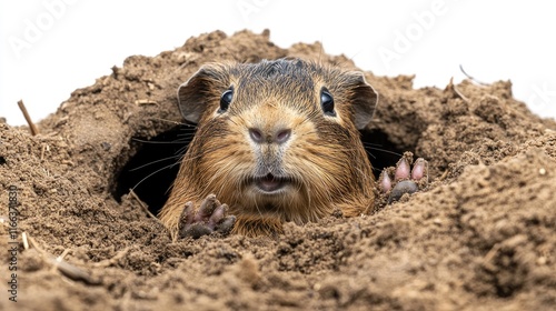 A guinea pig emerging from a burrow in the ground, showcasing its curious expression. photo