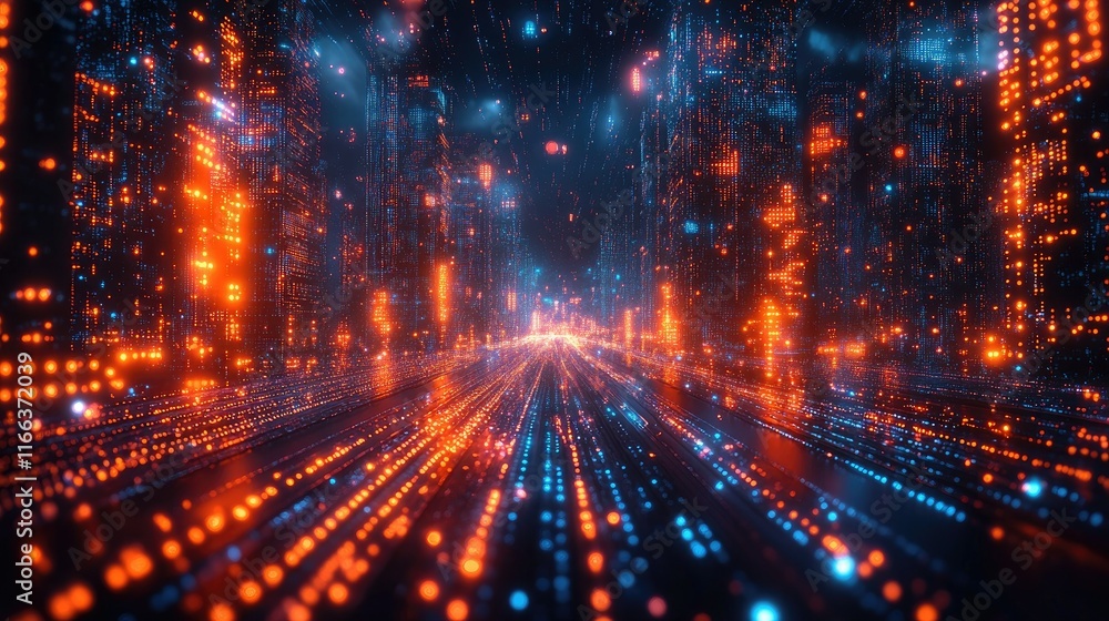 abstract highway path through digital binary towers in the city. Big data concept, artificial intelligence, hyperloop, virtual reality, high-speed network, machine learning. abstract highway path through digital binary towers in the city. Big data concept, artificial intelligence, hyperloop, virtual reality, high-speed network, machine learning.