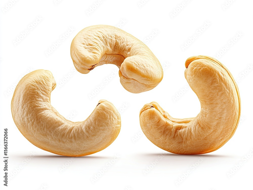 Golden cashew nuts flying and floating in elegant motion with natural curved shapes on white background. Premium nut photography for gourmet snack advertising and healthy food marketing. Golden cashew nuts flying and floating in elegant motion with natural curved shapes on white background. Premium nut photography for gourmet snack advertising and healthy food marketing.