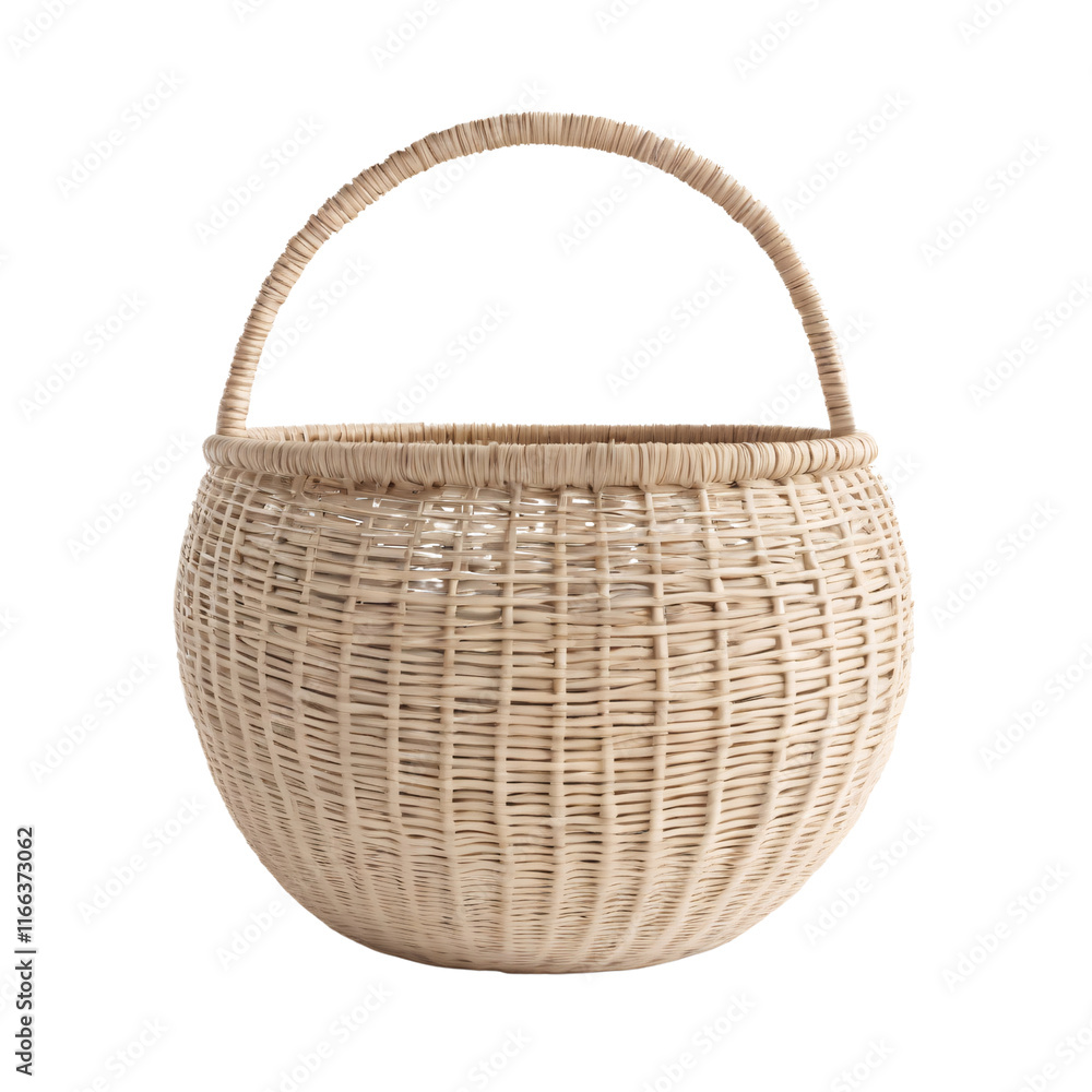 Fototapeta premium Elegant Handwoven Wicker Basket with Round Shape and Curved Handle, Perfect for Home Decor and Storage Solutions in Any Room