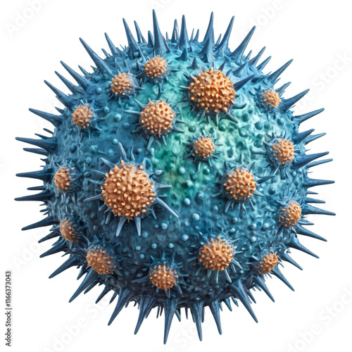 Detailed Illustration of a Colorful Virus Sphere with Spikes and Surface Structures Representing Pathogen Characteristics in a Scientific Context