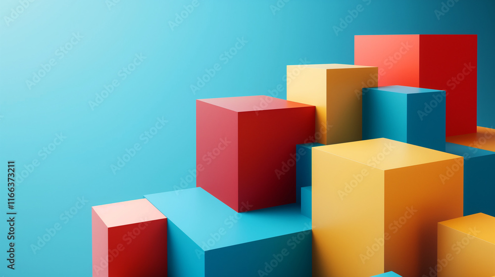 Colorful 3D Geometric Cubes Illustration with Vibrant Red, Yellow, and Blue Blocks on a Gradient Background Colorful 3D Geometric Cubes Illustration with Vibrant Red, Yellow, and Blue Blocks on a Gradient Background