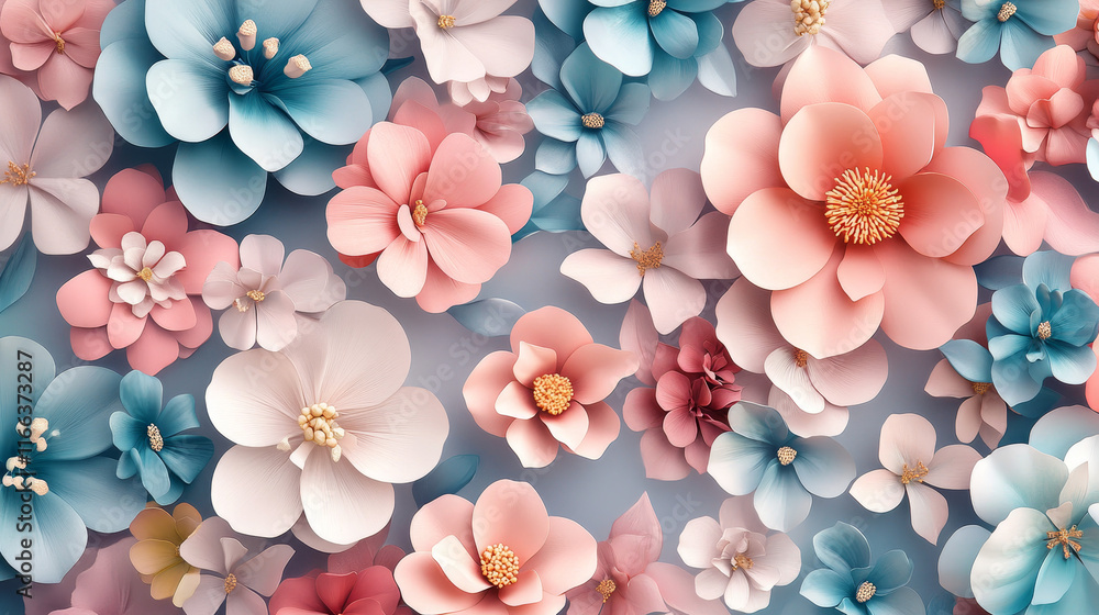 Pastel 3D Floral Design with Soft Pink, Blue, and White Blossoms for a Dreamy Background Pastel 3D Floral Design with Soft Pink, Blue, and White Blossoms for a Dreamy Background