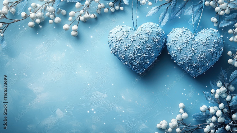 Obraz premium Blue decorative hearts with winter foliage.