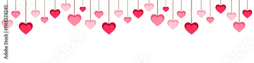 Hanging Heart Decoration Banner, Pink and Red Hearts on Strings for Love Romance, and Celebration Vector Illustration for Valentine's Day Festive or wedding Design and Seasonal 