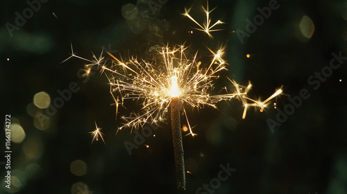 captivating close-up of a golden burning sparkler illuminating a dark background with enchanting bokeh for festive nighttime photography