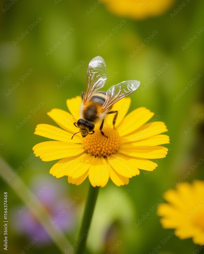 Close-Up of a Honeybee Pollinating a Bright Yellow Flower in a Lush Garden Close-Up of a Honeybee Pollinating a Bright Yellow Flower in a Lush Garden