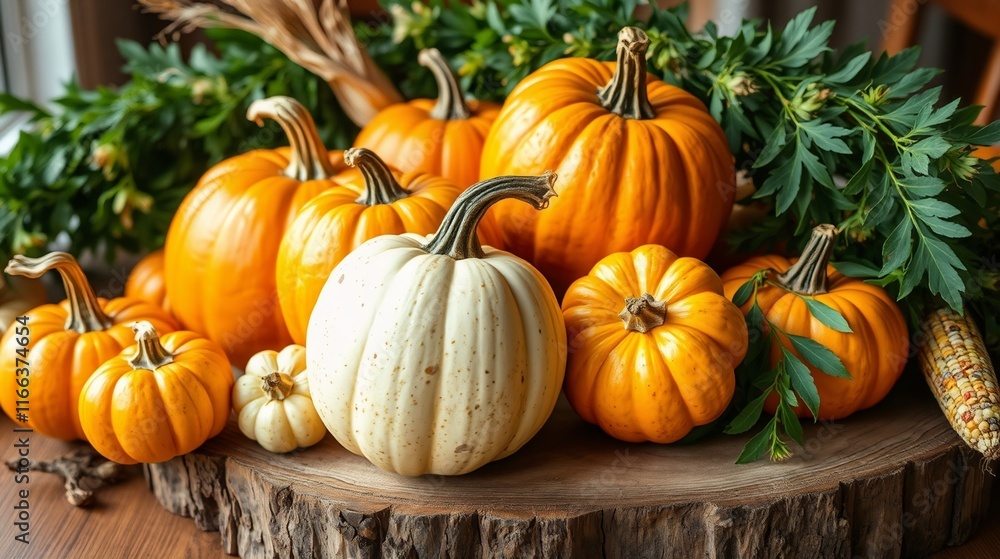 Harvest Festival Display with Varied Pumpkins on Rustic Wooden Table Harvest Festival Display with Varied Pumpkins on Rustic Wooden Table