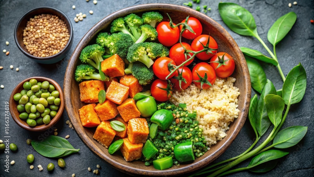 A vibrant and healthy plant-based bowl featuring tofu, broccoli, cherry tomatoes, couscous, peas, and greens