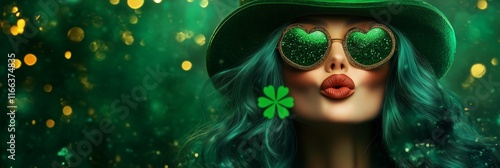 Wallpaper Mural St. Patrick's Day leprechaun model girl pointing hand, blows a kiss, blowing flying shamrock leaves. Patrick Day pub party, celebrating. Border art design Torontodigital.ca