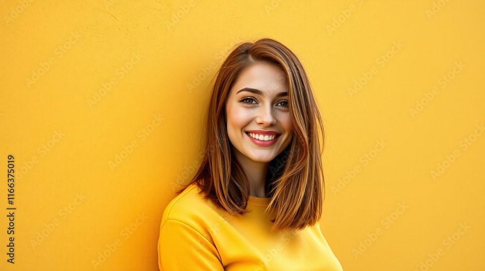 Smiling Young Woman with Long Brown Hair in Bright Yellow Sweater Against a Vivid Yellow Wall Smiling Young Woman with Long Brown Hair in Bright Yellow Sweater Against a Vivid Yellow Wall