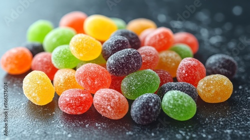 Colorful sugared gumdrops in a pile on a dark surface. photo