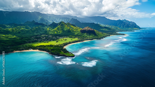 Drone shot capturing a lush green island with sandy beaches, surrounded by endless blue ocean 