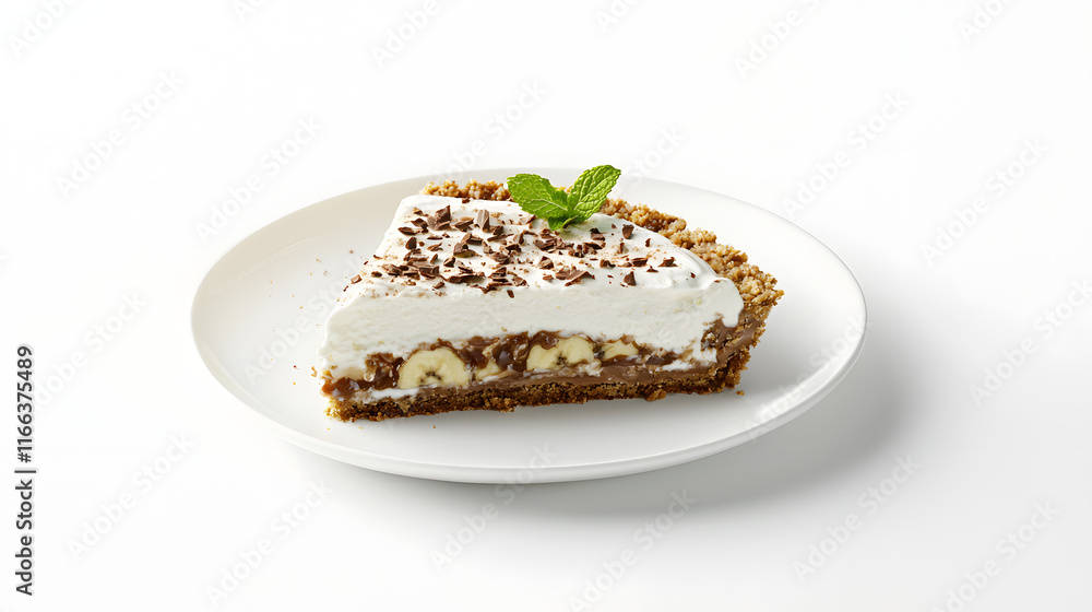 Luxurious Banoffee Pie Slice on White Plate with Mint Garnish Luxurious Banoffee Pie Slice on White Plate with Mint Garnish