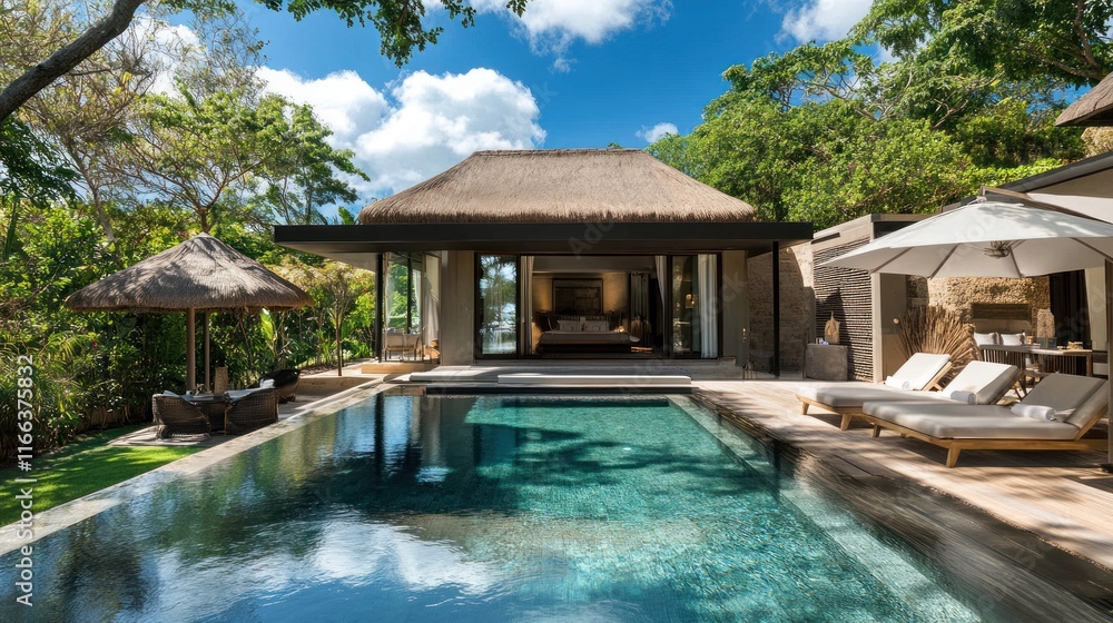 Fototapeta premium Luxury Tropical Villa with Private Pool and Lush Greenery
