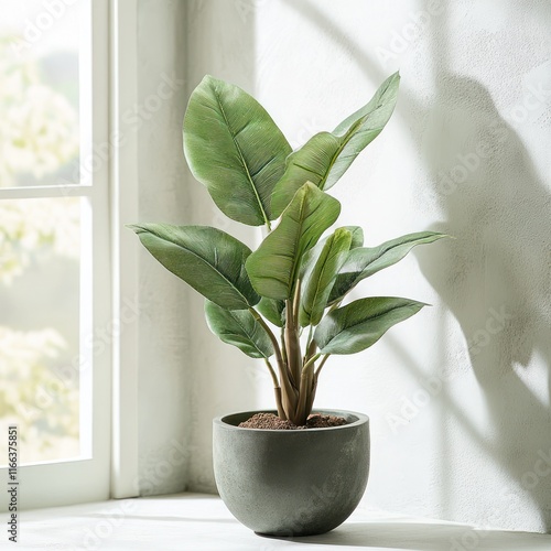 Green leafy plant in a grey pot near a window photo