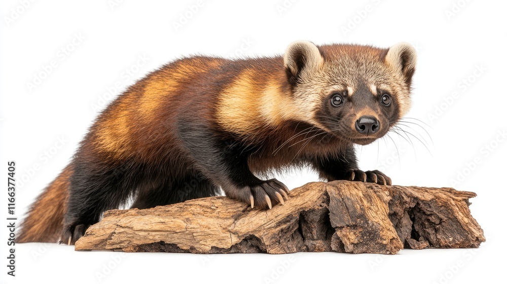 Fototapeta premium A stylized depiction of a marten standing on a log, showcasing its fur and features.