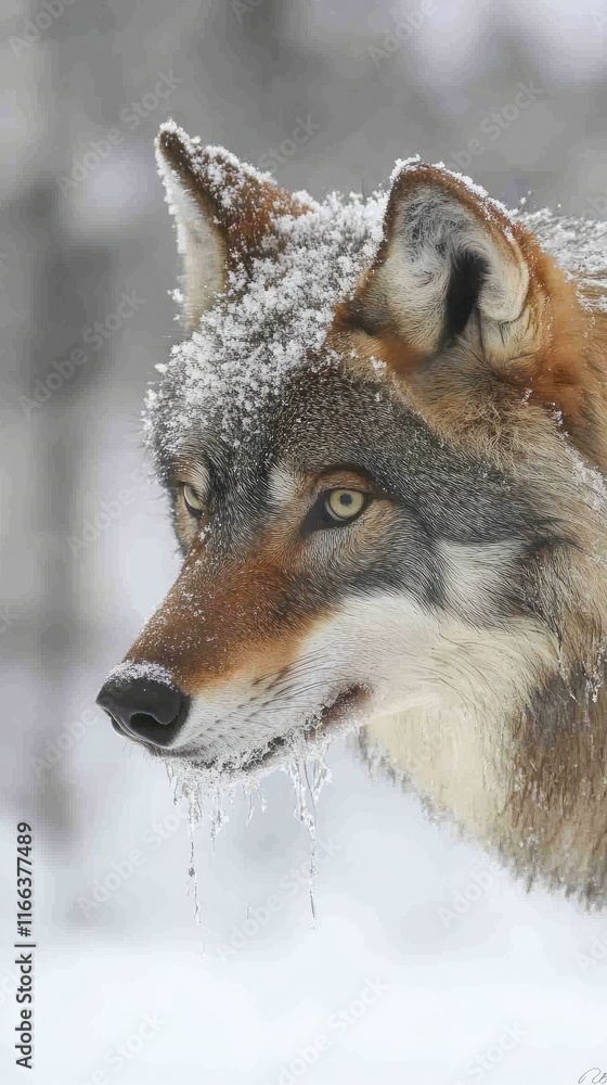 A close-up of a wolf's face covered in snow, showcasing its natural beauty in winter. A close-up of a wolf's face covered in snow, showcasing its natural beauty in winter.
