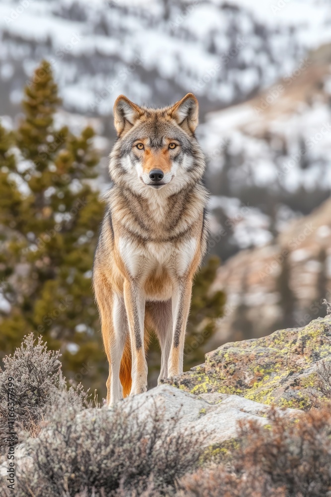 A majestic coyote stands on a rocky outcrop in a mountainous landscape. A majestic coyote stands on a rocky outcrop in a mountainous landscape.