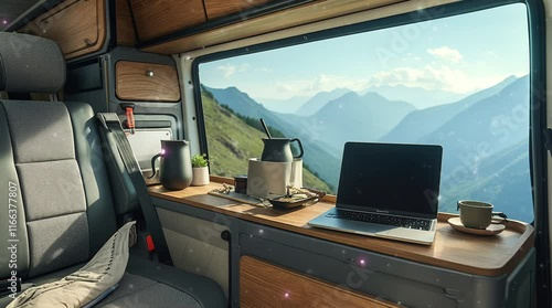 Laptop on a table inside a campervan, creating a cozy mobile workspace in nature  
Seamless looping 4k time-lapse virtual video animation Generated AI