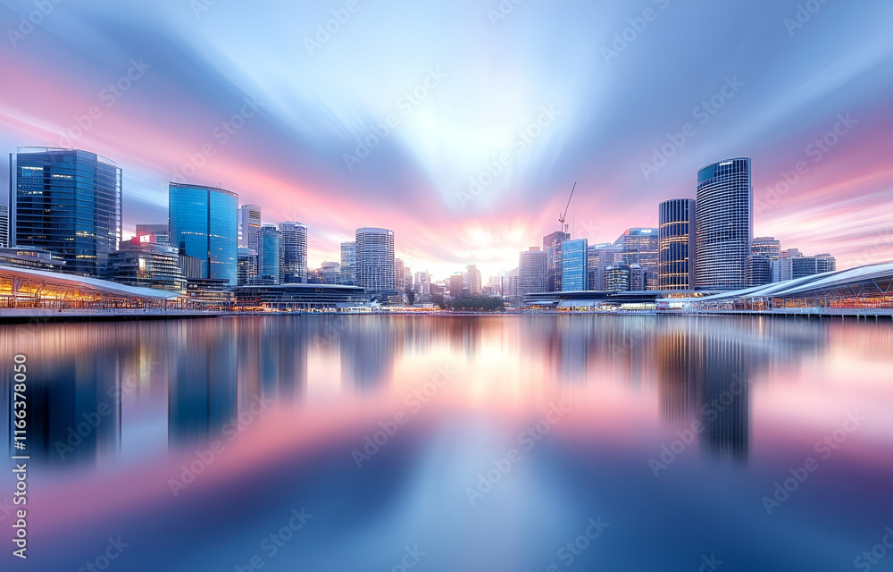 Fototapeta premium Man on the river with city skyline at sunset in Miami