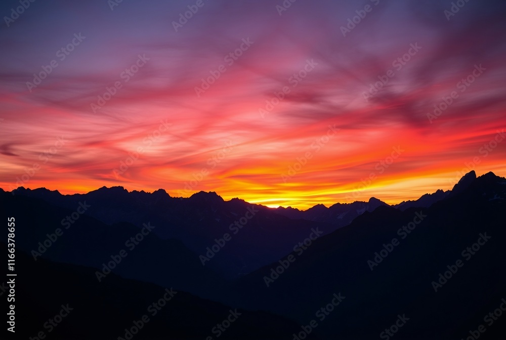 Obraz premium Breathtaking Sunset Over Majestic Mountain Range with Colorful Sky