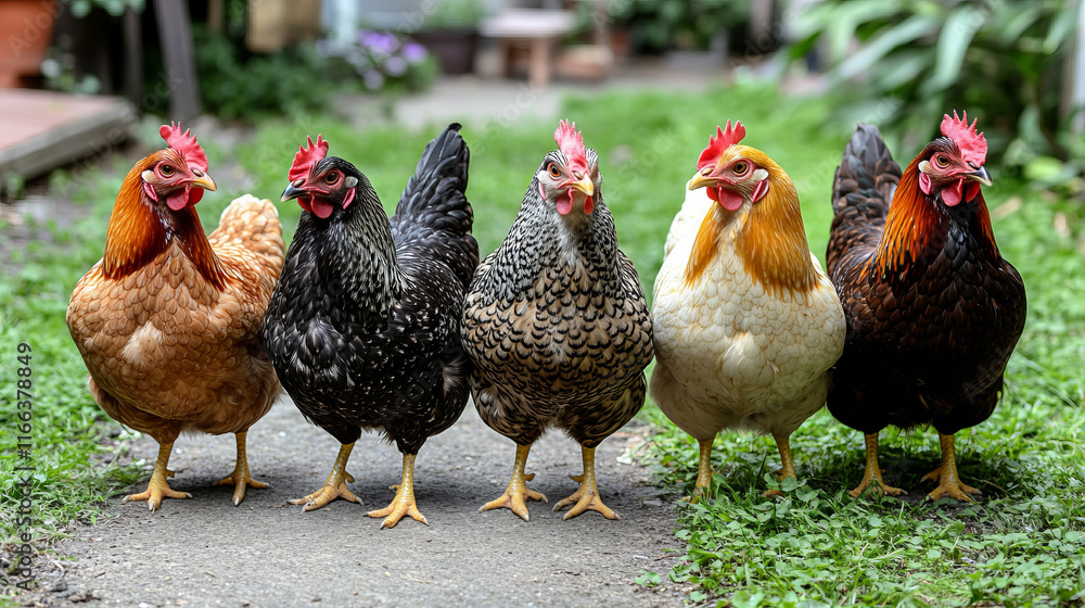 colorful backyard chickens: four ornamental hens on pavement showcasing diverse chicken breeds and vibrant plumage in a picturesque outdoor setting