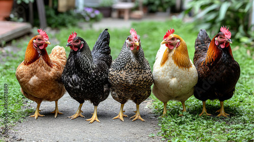 Obraz na płótnie colorful backyard chickens: four ornamental hens on pavement showcasing diverse chicken breeds and vibrant plumage in a picturesque outdoor setting w salonie