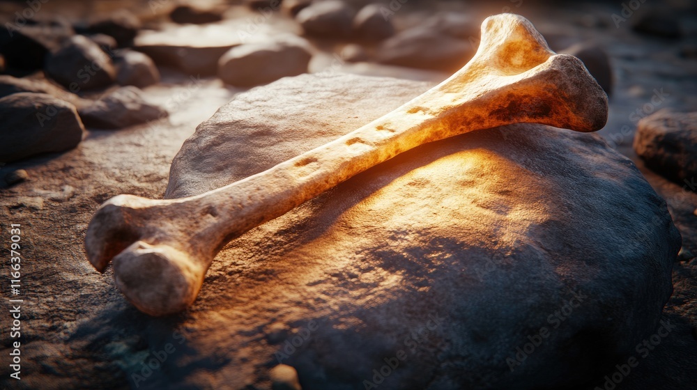 Naklejka premium A weathered bone resting on a rock, illuminated by soft light.