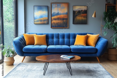 3-seater blue velvet sofa and armchair with wooden legs, retro-style design, metal leg detail on coffee table, contemporary living room decor. photo