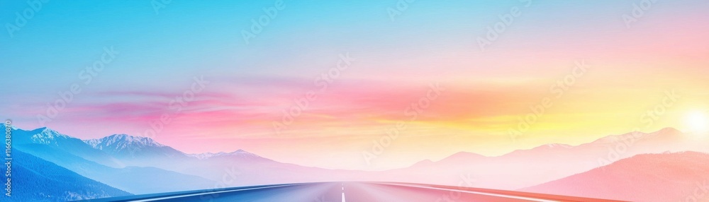 A scenic view of a tranquil road stretching into a colorful horizon with mountains under a vibrant sunrise, evoking a sense of adventure and serenity. A scenic view of a tranquil road stretching into a colorful horizon with mountains under a vibrant sunrise, evoking a sense of adventure and serenity.