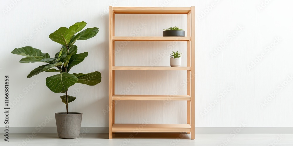 Shelves storage customizable concept. Stylish wooden shelf with potted plants against a textured white wall, adding a natural touch to interior decor. Shelves storage customizable concept. Stylish wooden shelf with potted plants against a textured white wall, adding a natural touch to interior decor.
