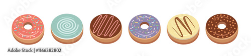 Donuts in different flavor. Colorful donuts. Set of soft donuts. Bakery. Dessert food.