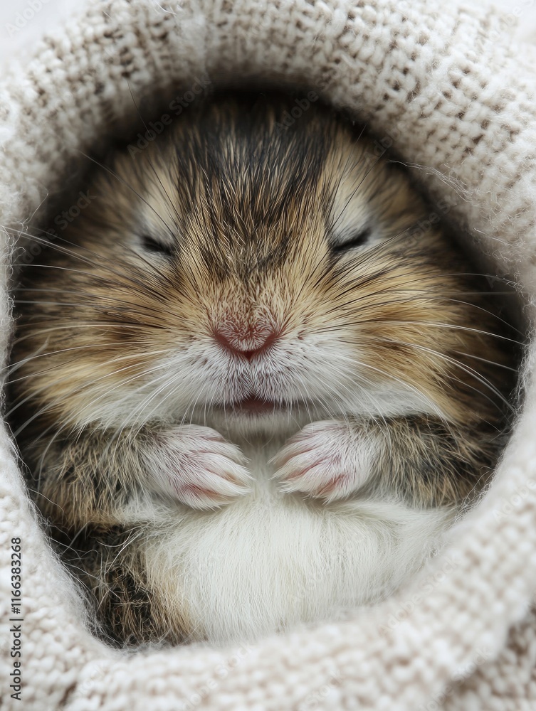 A close-up of a sleeping small animal nestled in a cozy environment. A close-up of a sleeping small animal nestled in a cozy environment.