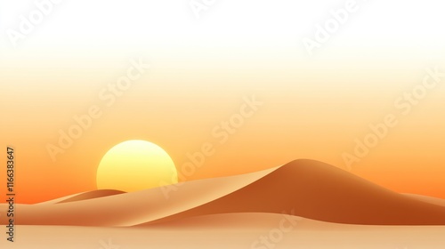 A serene desert landscape with a setting sun and gentle dunes.
