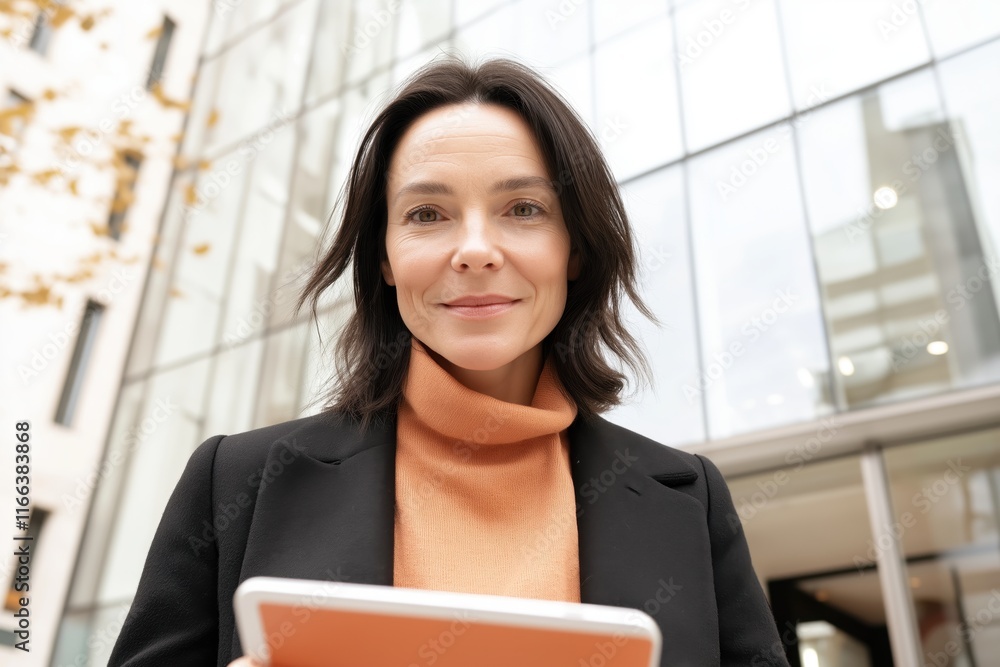 Successful businesswoman smiling confidently while holding a tablet in front of a modern office building, embodying professionalism and achievement Successful businesswoman smiling confidently while holding a tablet in front of a modern office building, embodying professionalism and achievement
